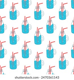 Drink more water. Seamless Pattern with Bottle and straw. Glass for drinking. Vector flat illustration.