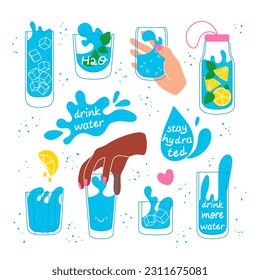 Beba más agua puesta. Botella y vasos de agua potable con limón, menta y cubos de hielo. Mantente hidratado. Ilustración del vector aislada en fondo blanco