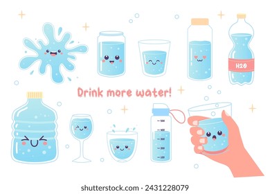Drink more water set h2o vector illustration, glass, bottle, sports bottle.