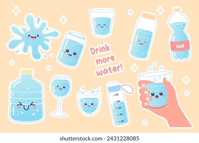 Drink more water set h2o vector illustration, glass, sticker set bottle, sports bottle.