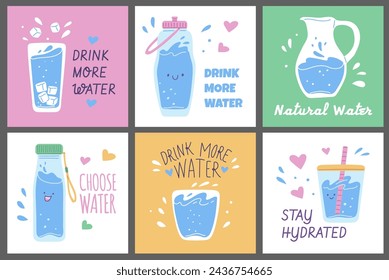 Drink more water. A set of leaflets with drinking water in a glass, bottle and decanter. Cute flat illustrations of flyers with space for text.