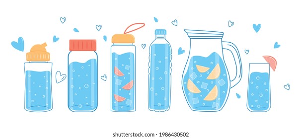 Drink more water. A set of water or liquid bottles. Vector. Isolated on white background.