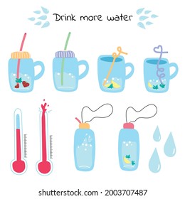 Drink more water slogan. Eco bottles. Reusable water bottles. Glasses of lemon water. Mugs with straws. Thermometer shows heat 