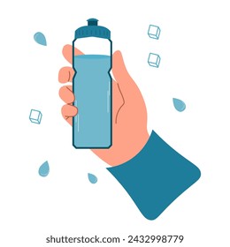 Drink more water. Sports and glass bottles. Potable water. Vector illustration