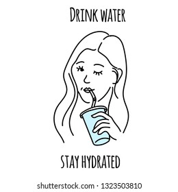 Drink more water. Stay hydrated. Woman drinks water. Concept of drinking water, healthy.