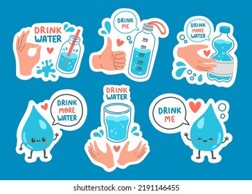 Beber más adhesivo de agua conjunto vector de diseño plano