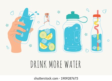 Drink More Water. Various Bottles, Glass, Flask. Hand Drawn Cute Trendy Vector Illustration. All Elements Are Isolated