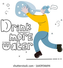 Drink more water. Vector illustration. Girl is drinking a huge bottle of water. Self care poster