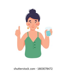 Drink more water. Woman character with a glass of water