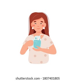 Drink more water. Woman character with a glass of water