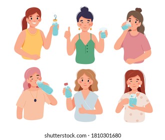 Drink more water. Woman characters with a bottles and glasses of water