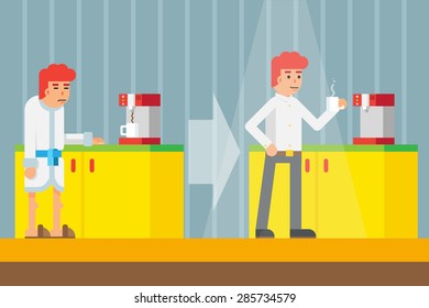 Drink Morning Invigorating  coffee Machine Male cheerful character Icon Flat Design Stylish Background Template Vector Illustration