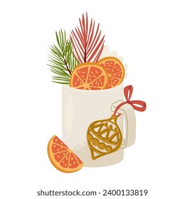 A drink in a mug decorated with grapefruit slices and spruce branches. A hot sweet treat for a New Year's party. Menu for the Christmas table. Vector illustration isolated on white background.