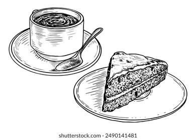 Drink in mug with piece of cake on plate sketch. Coffee or tea with biscuit dessert. Food for sweet snack. Hand drawn vector line art illustration.