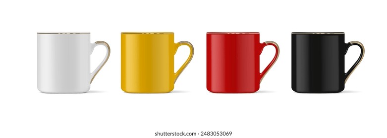 Drink mugs, front view. White, black, red, yellow empty cup isolated. Vector realistic mockup (template, layout) Isolated on white background. Vector.