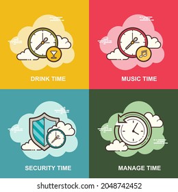 Bebida, música, seguridad y administración de la colección de tiempo diseño de concepto plano