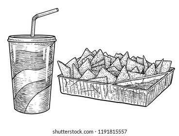 Drink, nachos, chips, illustration, drawing, engraving, ink, line art, vector