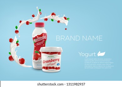 Drink nonfat yogurt bottle and jar of greek yogurt with cranberry taste and flavor, commercial vector advertising brandig ready yogurt packaging mock-up realistic illustration