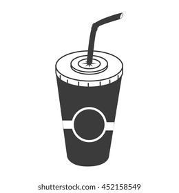 Drink on plastic cup with straw in black and white colors, vector illustration graphic.