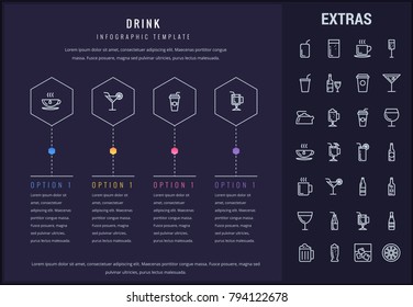 Drink options infographic template, elements and icons. Infograph includes line icon set with bar drinks, alcohol beverages, hot drinks, variety of glasses and bottles, non-alcoholic beverages etc.