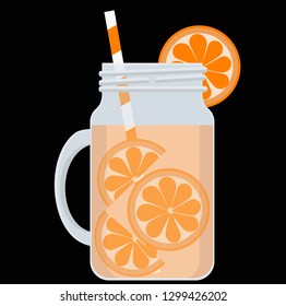 Drink orange in a glass jar with a straw for drinking. Vector illustration on the theme of detox water.