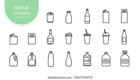 Conjunto de iconos de empaque de bebidas. Colección de envases de bebidas para agua, leche, café, refrescos, yogur, jugos, bebidas alcohólicas. Plástico, vidrio y metal. Trazo editable. Ilustración vectorial aislada en blanco