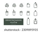 Drink packaging recycling pictogram set. 12 pieces. Outline icons. Beverage waste, recycling sign. Disposable bottle, cup, carton, gallon. Editable stroke. Zero waste concept. Responsible living