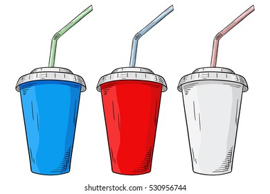 Drink in paper cup with straw. Hand drawn sketch. Vector illustration isolated on white background
