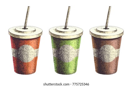 Drink in paper cup with straw. Hand drawn vector color illustration of milk shake in disposable container isolated on white background. Coffee to go. Vintage sketch style