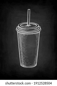 Drink In Paper Or Plastic Cup With Lid And Drinking Straw. Milkshake Or Soda. Chalk Sketch Mockup On Blackboard Background. Hand Drawn Vector Illustration. Retro Style.