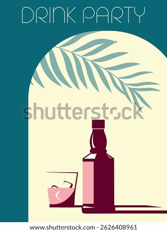 Drink party, alcohol, booze, beach party poster. Flat illustration whiskey bottle, glass, drunkenness, festival
