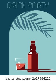 Drink party on the beach, festival, restaurant poster, alcohol menu. Bottle of strong alcohol, whiskey, bourbon, rum, scotch glass with ice, booze