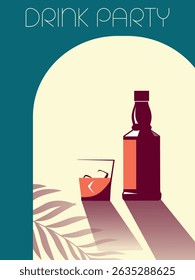 Festa de bebida na praia, bar de verão, cartaz do restaurante, design plano. Uísque, copo de gim com gelo, bebida, álcool forte, conhaque, conhaque