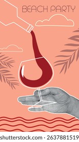 Drink party on the beach, tropics, red wine, hand holding a glass. Drink, alcohol, chardonnay, cabernet, liqueur, poster for bar, kitchen design