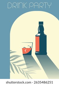 Drink party poster on the beach, vacation, tropics, beach bar, palm trees. Vector flat design, whiskey bottle, gin glass with ice, booze, rum, brandy