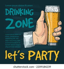 Drink party poster. placard invitation for alcoholic party template with decorative titles and place for personal text