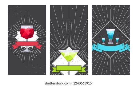 Drink party poster. Tequila, red wine, martini glasses bar flyer design