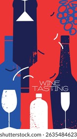 Drink party, restaurant poster design, kitchen decor. Alcohol bottles, glasses, flat design, white wine, cabernet, rum, booze