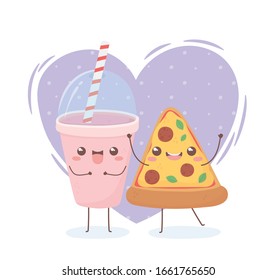 drink and pizza kawaii food cartoon character design vector illustration