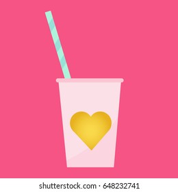 Drink plastic cup with heart. Flat icon. Great for menu, invitations, cards design. Vector illustration