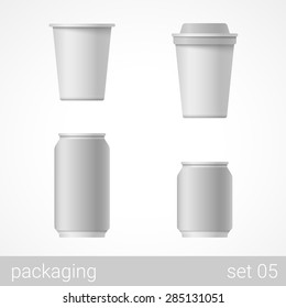 Drink plastic, metal and paper package set. Blank gray white packaging objects isolated on white vector illustration.
