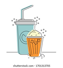 Drink and popcorn flat vector illustration.