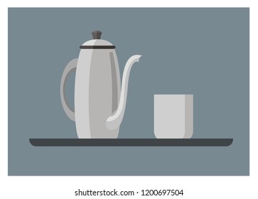 a drink pot/drink container, a cup, and a tray