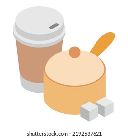 Drink preparation icon isometric vector. Stewpan with lid and disposable cup. Kitchen houseware, drink utensil, kitchenware