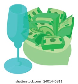 Drink production icon isometric vector. Wine glass near dollar banknote bag icon. Beverage production, winemaking, business