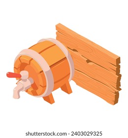 Drink production icon isometric vector. Beer barrel with tap near wood plaque. Hobby, production, business