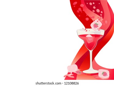 Drink red card with ice cubes and strawberries.