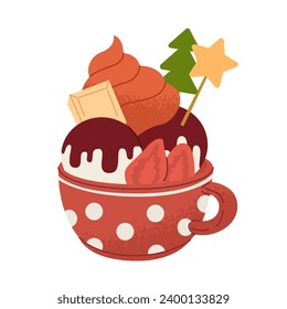 Drink in a red mug decorated with strawberries, ice cream and chocolate. A hot sweet treat for a New Year's party. Menu for the Christmas table. Vector illustration isolated on white background.