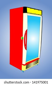 Drink refrigerator vector isolated on blue background. Vertical empty fridge vector.