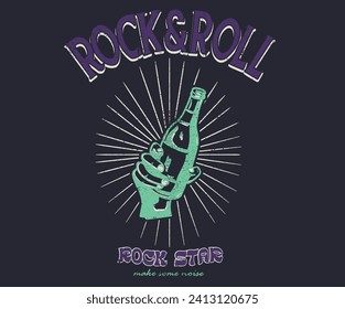 Drink rock and roll vector print design. Hand with drink bottle vector graphic print design for apparel, stickers, posters, background and others. 